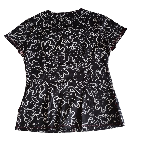 NWT Koi By Kathy Peterson Size XXS Black Metallic Gingerbread Alice Scrub Top - Picture 2 of 16